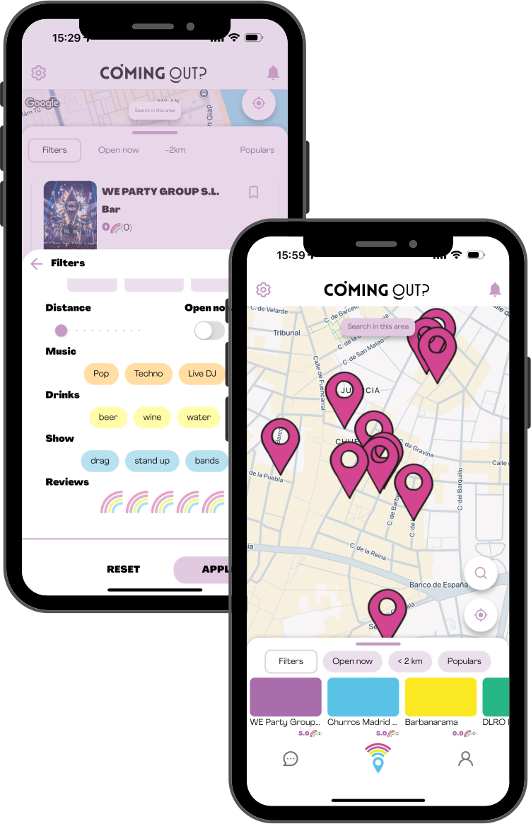 App screenshots showing queer spots near you