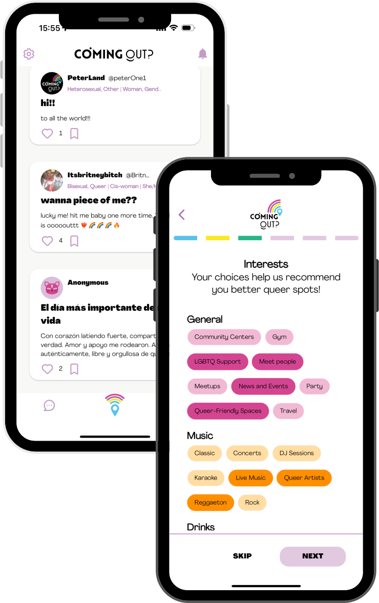 App screenshots showing favorites, profile, and stories